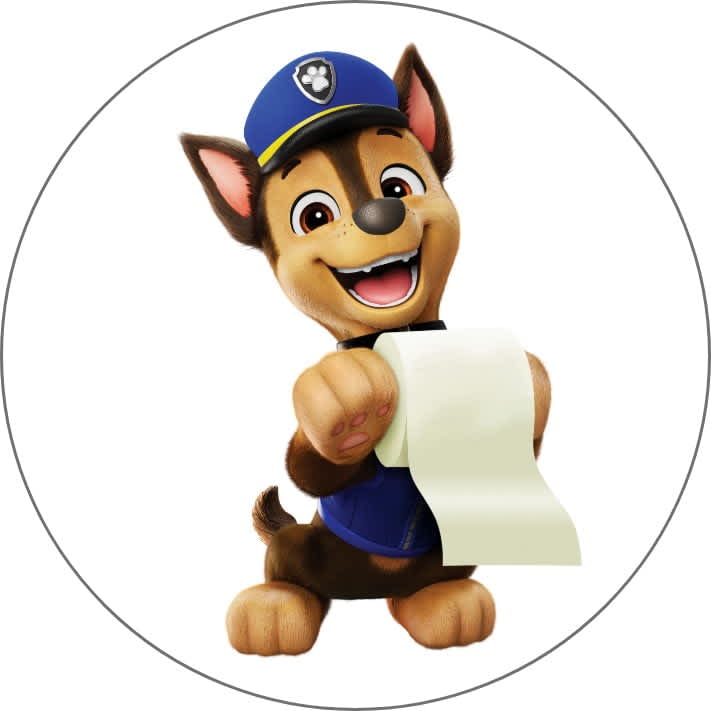A cartoon dog character wearing a police uniform and holding a scroll or paper in a circular frame.