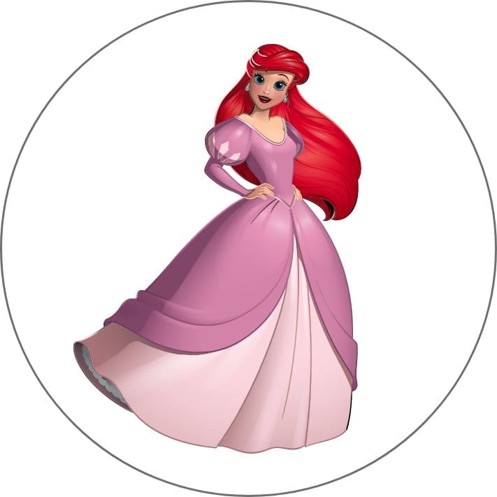 The image depicts a young woman with long, vibrant red hair wearing a pink dress and a red hat, standing in a circular frame against a plain white background.
