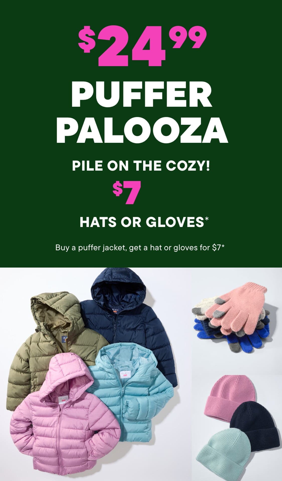 The image displays a variety of winter clothing items, including puffer jackets, hats, and gloves, along with a promotional message highlighting the must-have nature of puffer jackets.