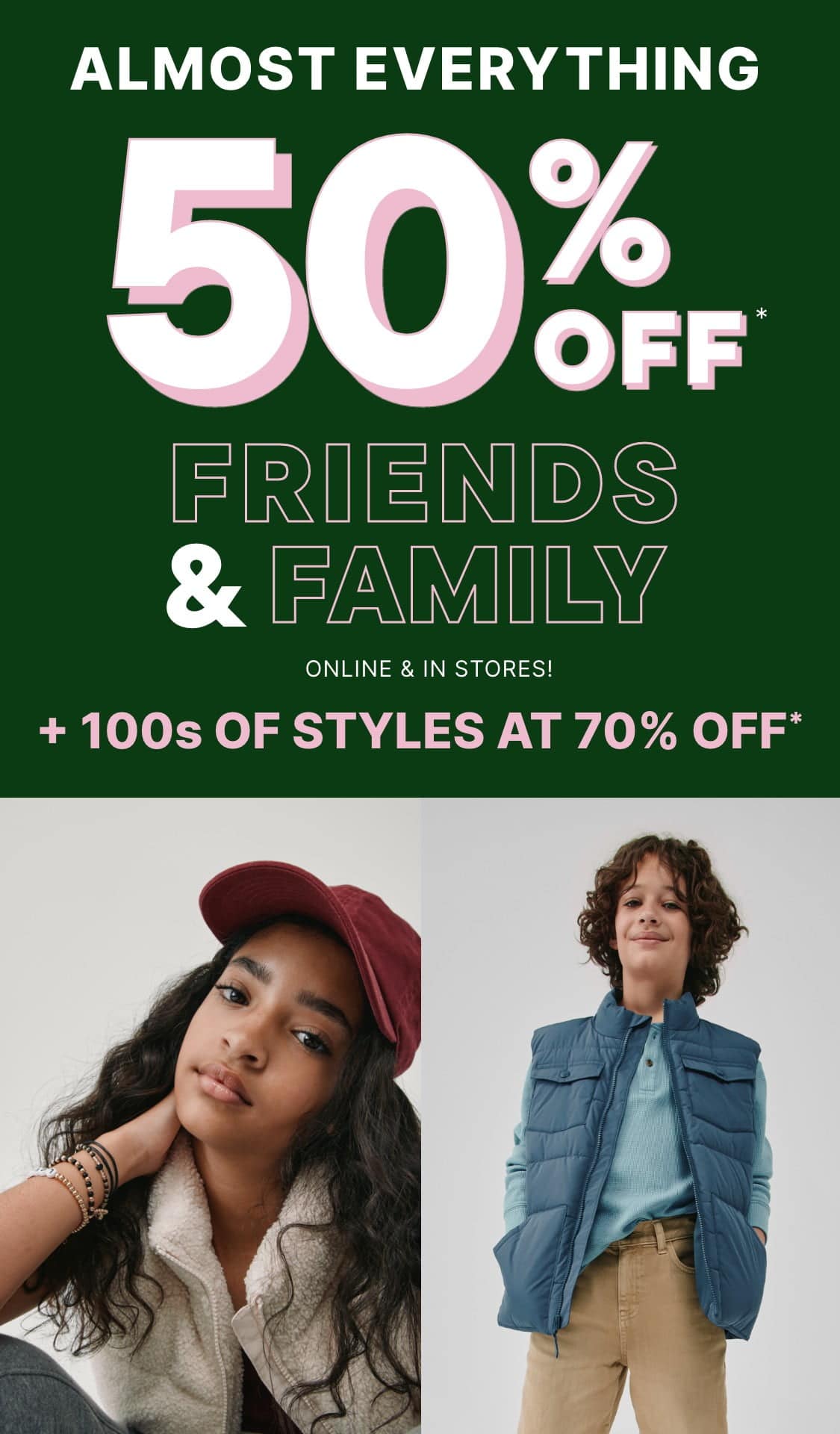 The image features a promotional advertisement for a 50% discount on "Friends & Family" items, with two individuals in the foreground wearing casual clothing.