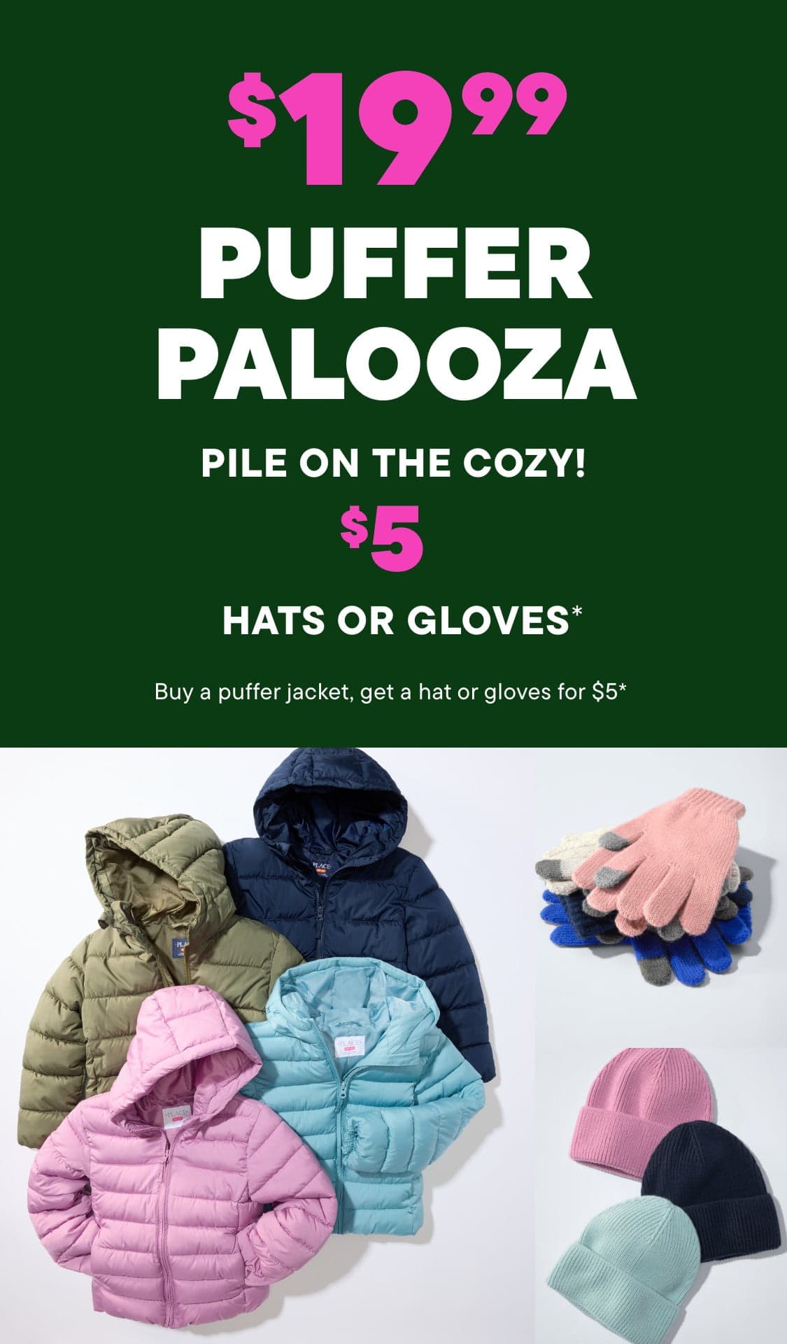 The image displays a variety of winter clothing items, including puffer jackets, hats, and gloves, along with a promotional message highlighting the must-have nature of puffer jackets.