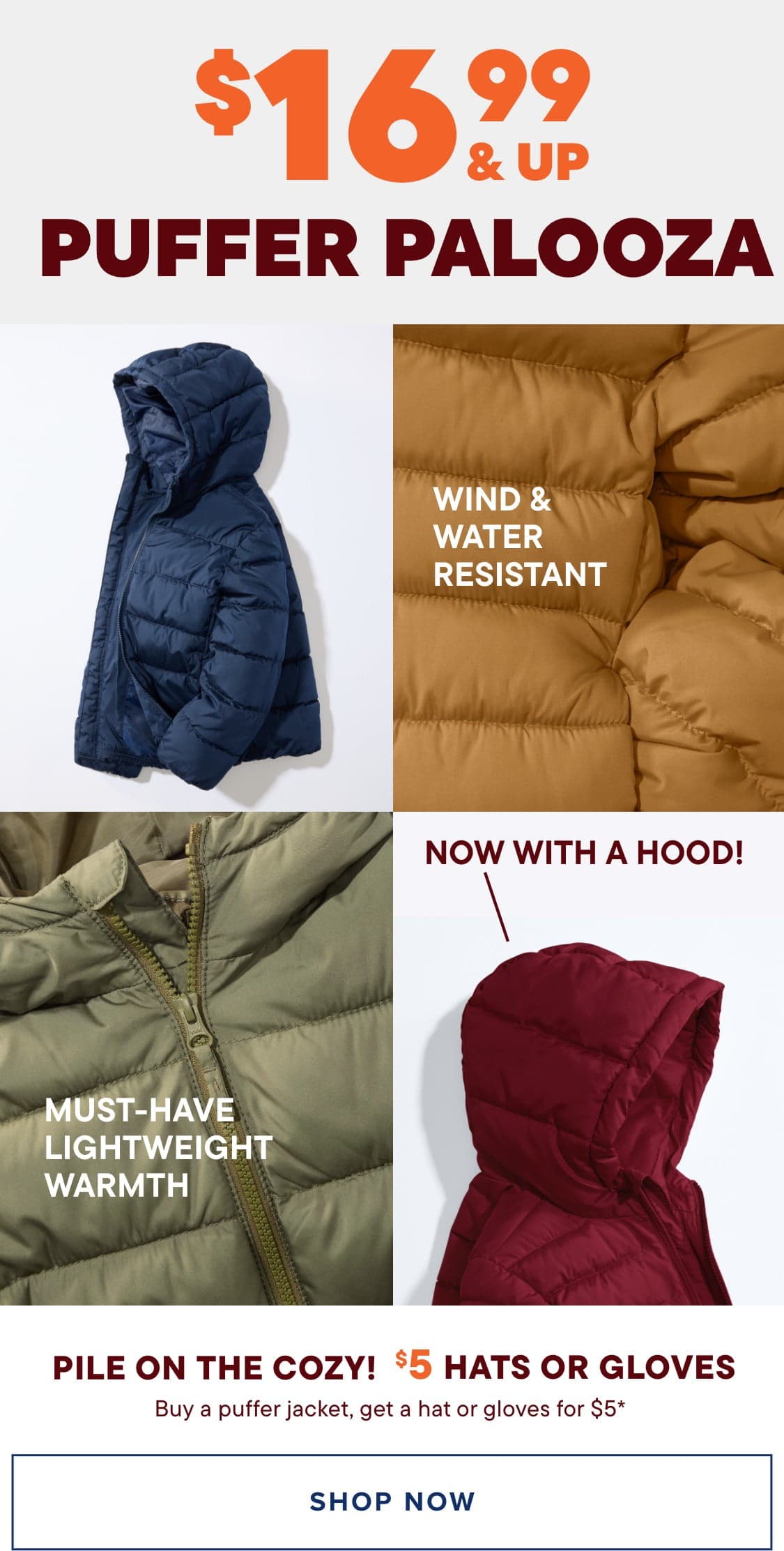The image shows three different winter jackets or coats, each with distinct features and colors. The jacket on the left is navy blue, the middle one is a tan or beige color, and the one on the right is a deep red or burgundy shade. The text on the jackets provides additional details about their properties, such as "Wind & Water Resistant" and "Now with a hood!"