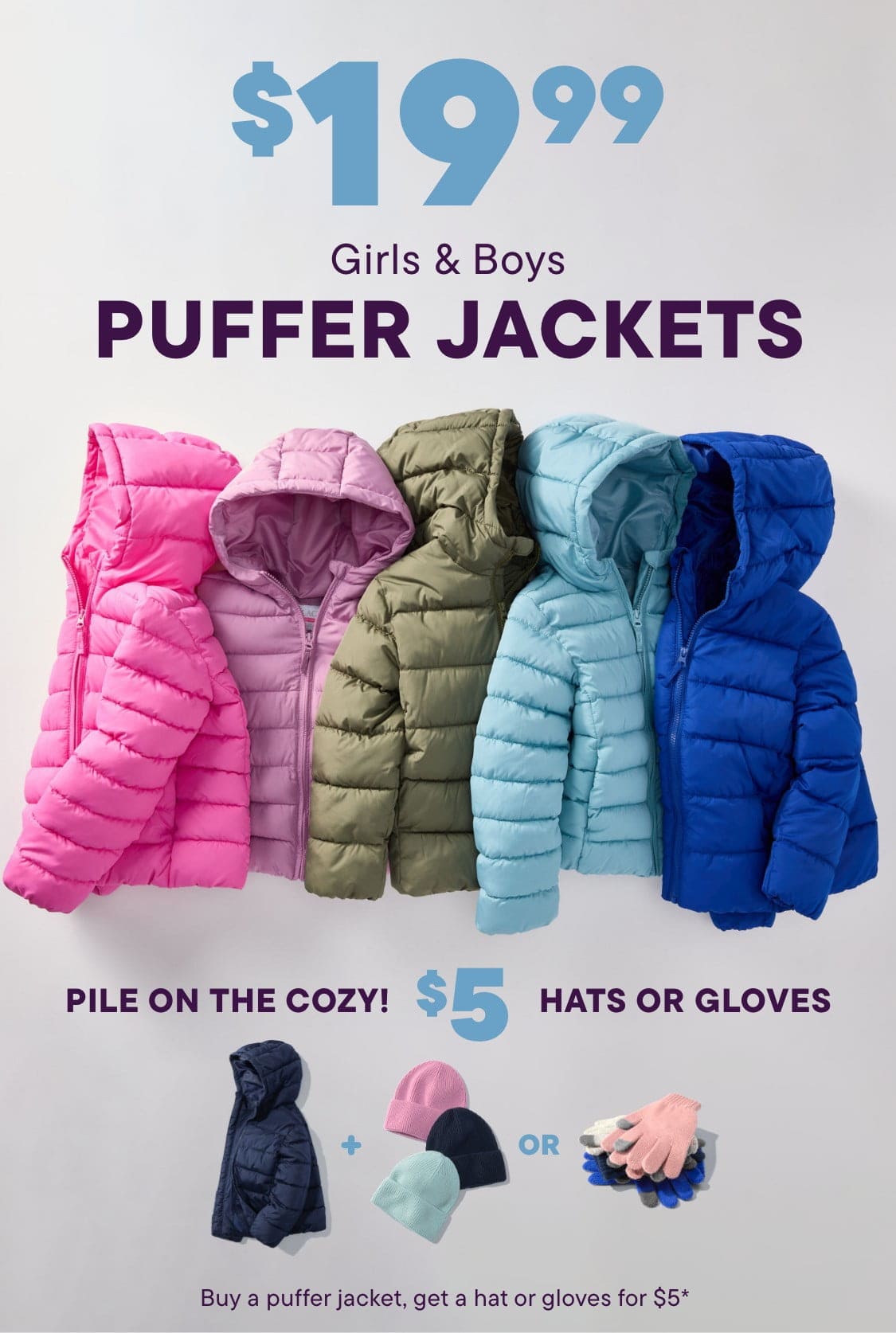 The image displays three different puffer jackets in various colors - a pink one, a tan one, and a burgundy one. The jackets are shown against a plain background, highlighting their wind and water resistant features.