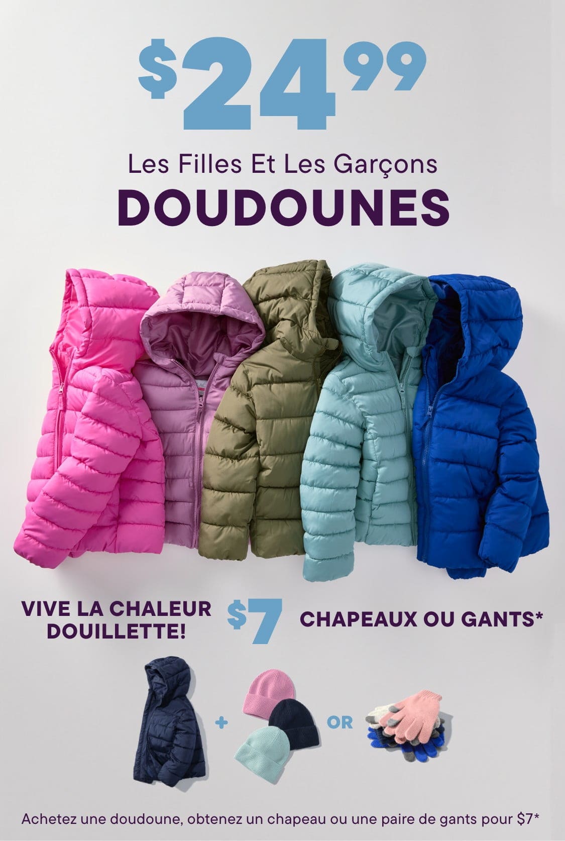 Des vestes d'hiver bouffantes colorées de différentes nuances, notamment rose, olive, bleu sarcelle et bleu, sont présentées sur un fond blanc avec un panneau indiquant « 24,99 $ » visible.