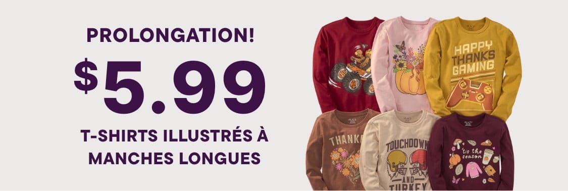 L'image affiche le texte « CE WEEK-END SEULEMENT 5,99 $ T-shirts graphiques à manches longues » en grandes lettres blanches sur un fond bleu foncé.