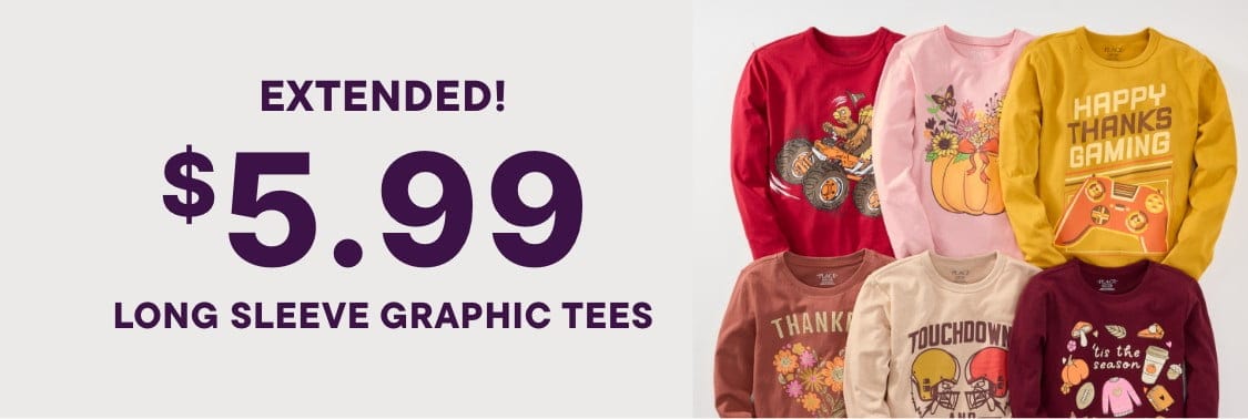 The image displays the text "THIS WEEKEND ONLY $5.99 Long sleeve Graphic tees" in large, white letters against a deep blue background.