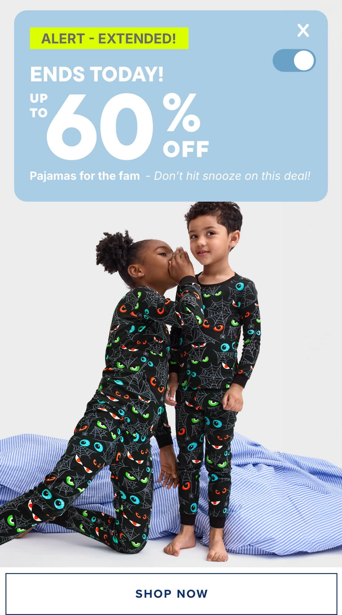 The image features two pairs of women wearing colorful, patterned pajamas or loungewear, with one pair in pink and the other in a floral print. The background includes a promotional banner advertising a weekend sale with up to 60% off.