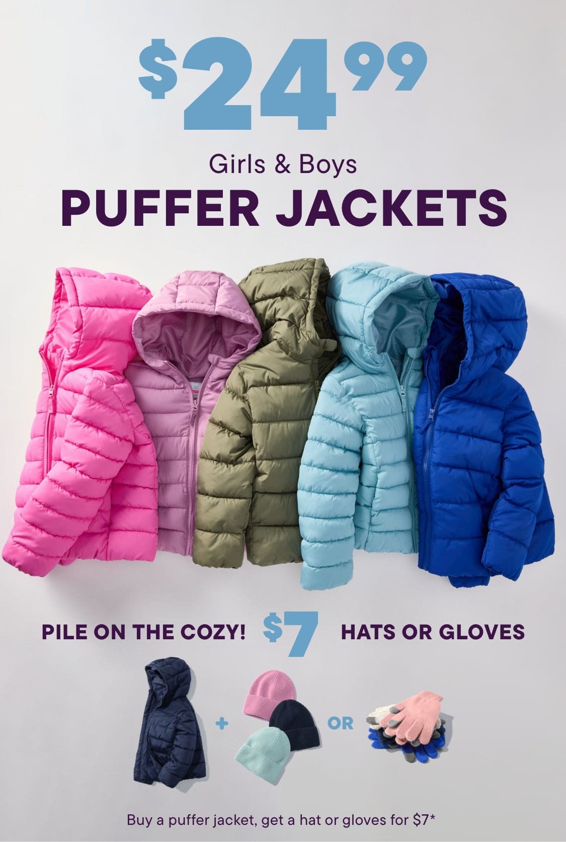 Colorful puffy winter jackets of various shades, including pink, olive, teal, and blue, are displayed on a white background with a sign for "$24.99" visible.