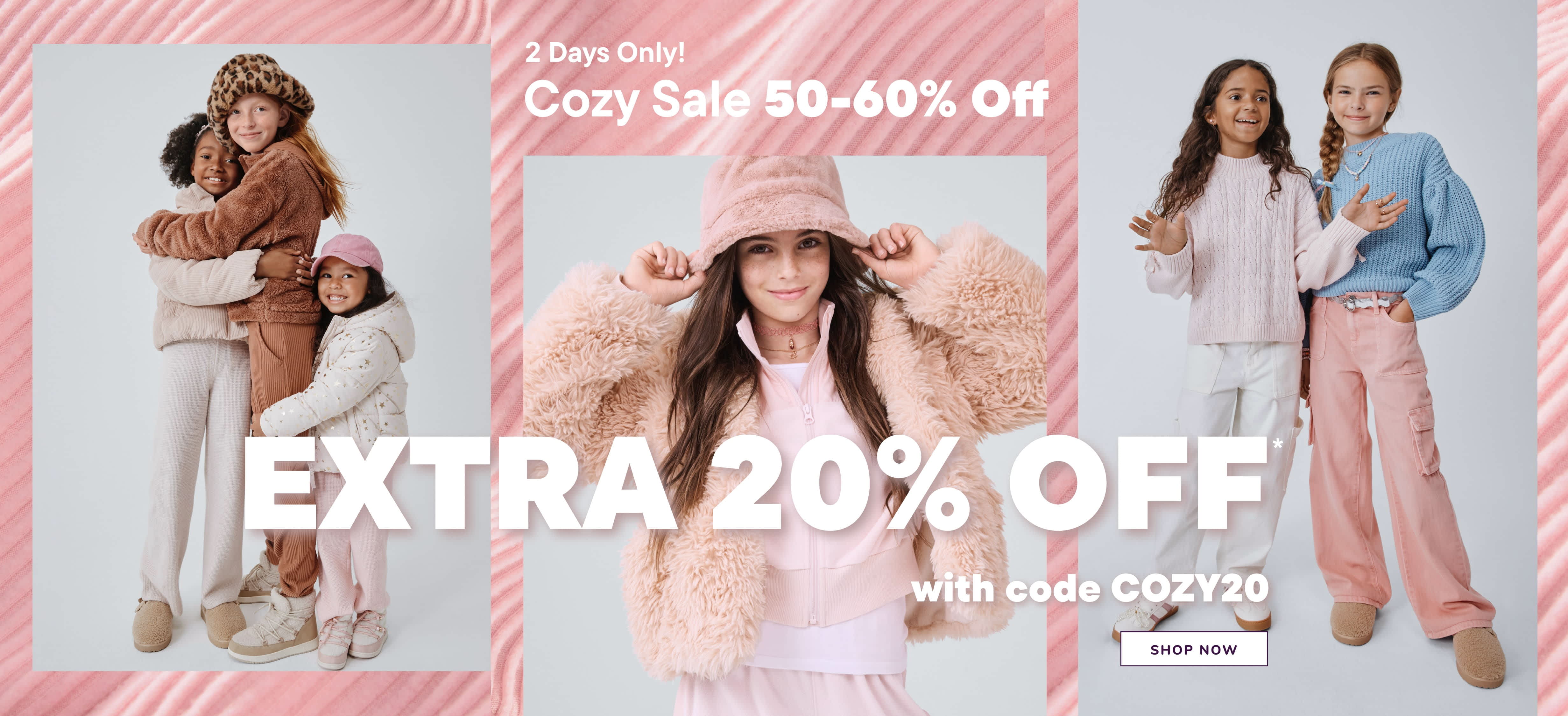 The image features several women wearing cozy, winter-themed clothing, including a pink fur coat, a blue sweater, and a brown outfit. The background is a pink-and-white striped pattern with a "Cozy Sale 50-60% Off" promotion and an "Extra 20% Off" offer with a discount code.