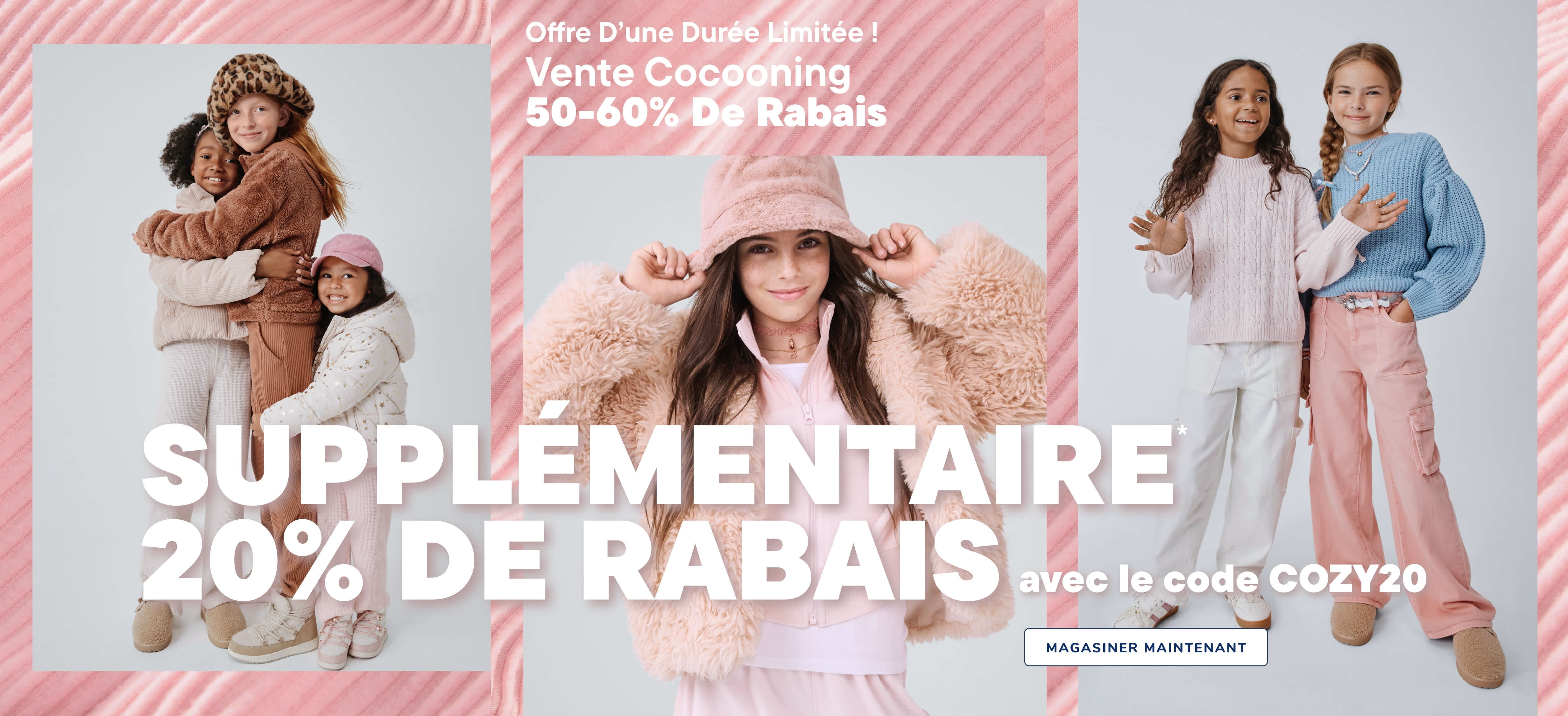 L'image présente plusieurs femmes portant des vêtements douillets inspirés de l'hiver, notamment un manteau de fourrure rose, un pull bleu et une tenue marron. Le fond est un motif rayé rose et blanc avec une promotion « Soldes douillets : 50-60 % de réduction » et une offre « 20 % de réduction supplémentaire » avec un code de réduction.