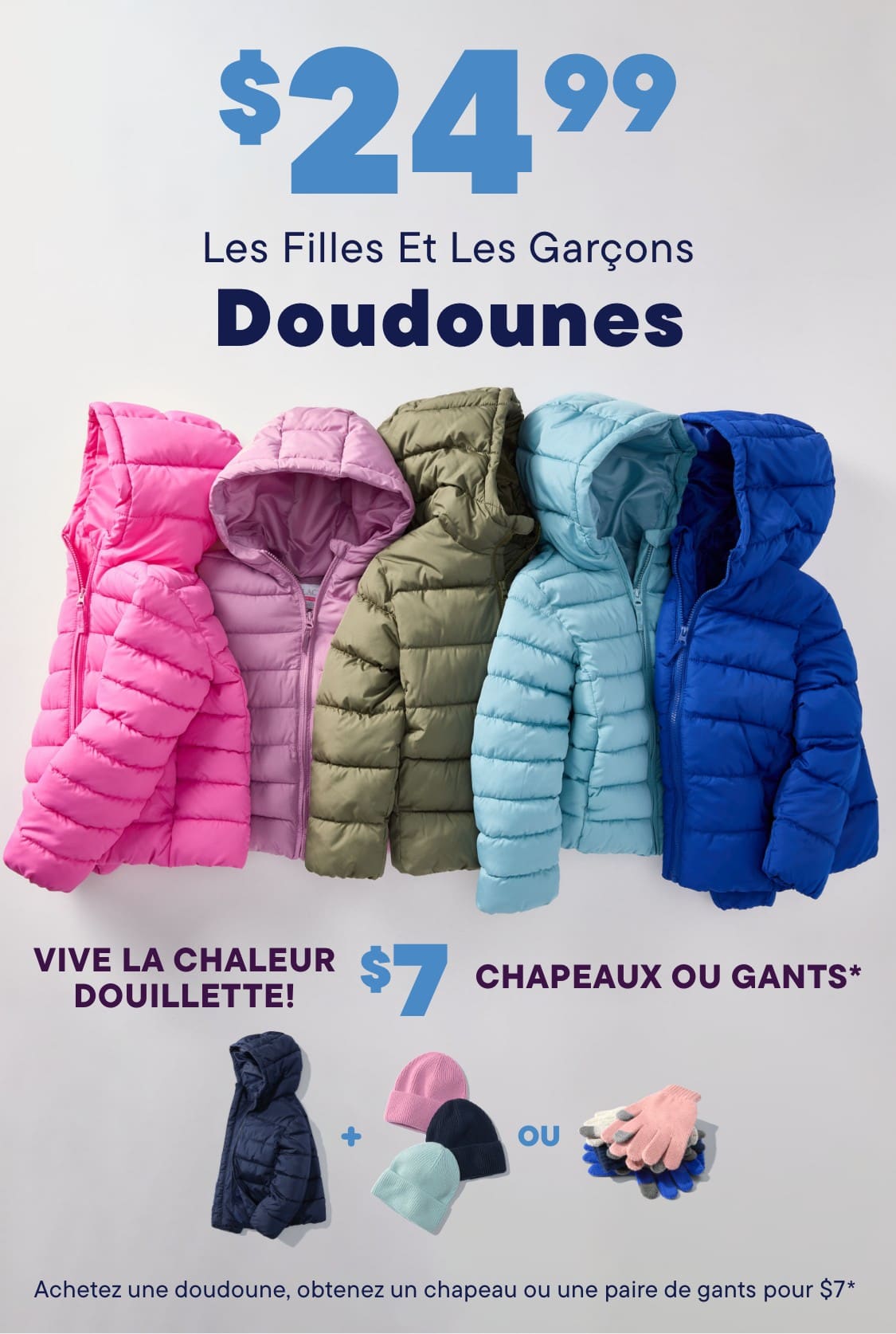 L'image montre une rangée de vestes d'hiver colorées à capuche dans différentes nuances de rose, vert, bleu et violet, sur un fond blanc uni.