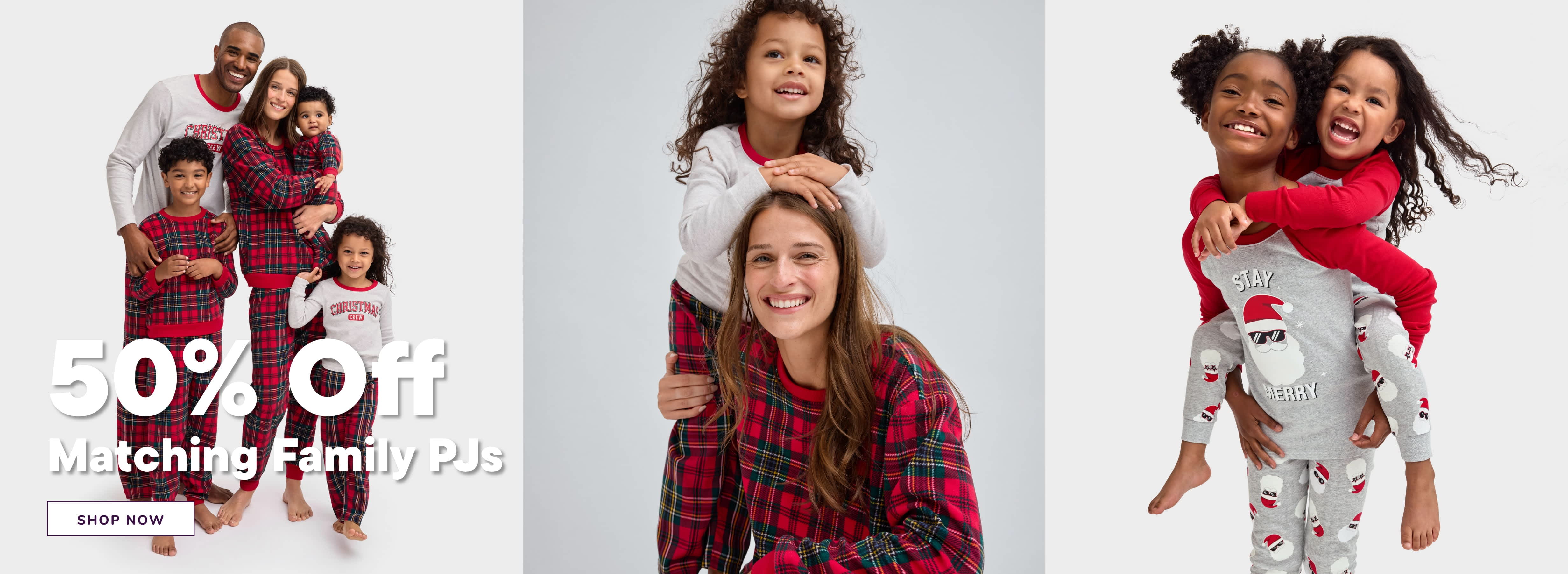The image features a group of people, including adults and children, wearing matching plaid pajamas and posing together in a cheerful and festive manner.