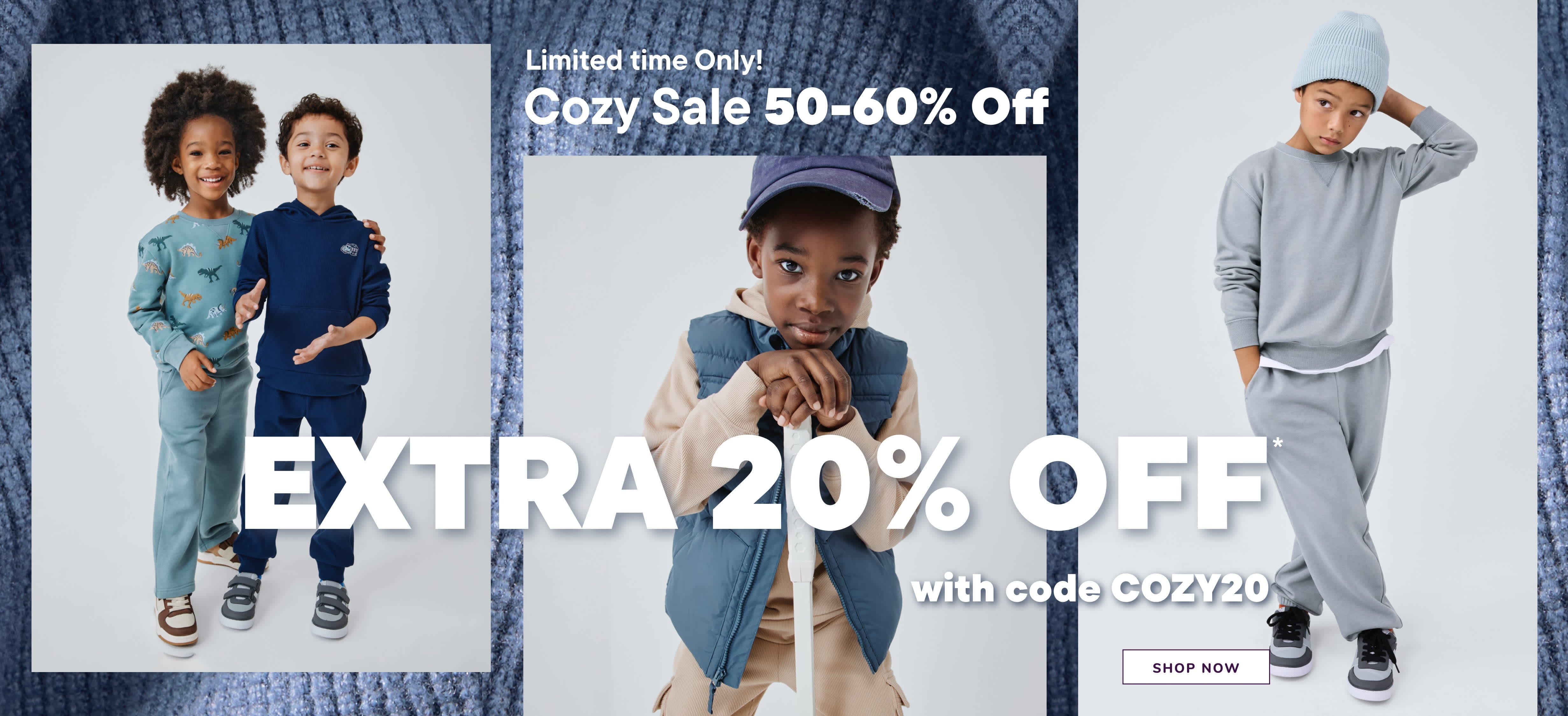 The image features two young children, a boy and a girl, wearing casual clothing and posing in front of a blue background. The text on the image advertises a "Cozy Sale" with a 50-60% discount and an additional 20% off with a promotional code.
