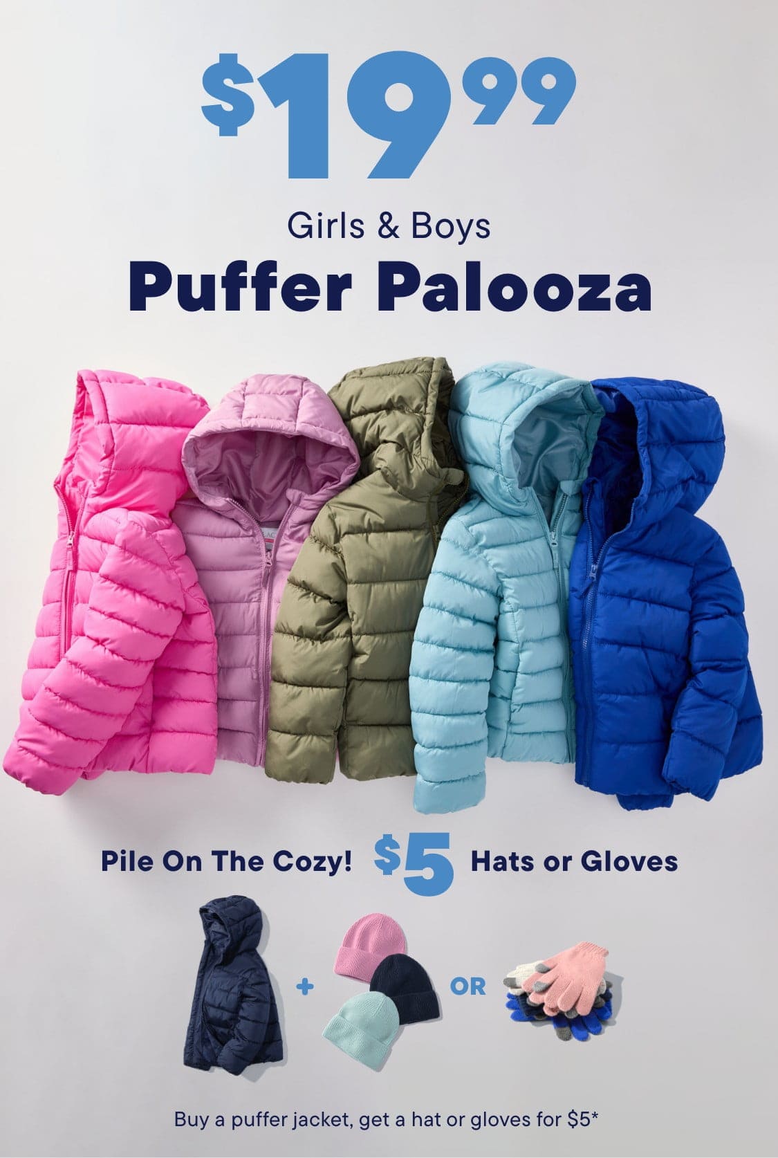 The image displays a row of colorful, hooded winter jackets in various shades of pink, green, blue, and purple, arranged against a plain white background.