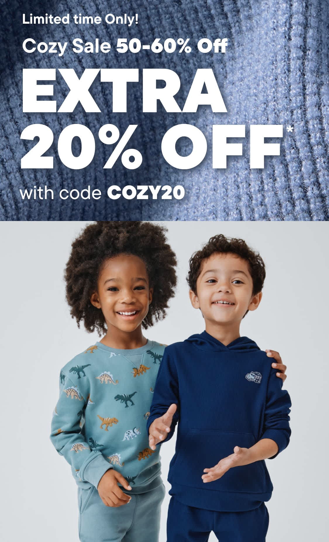 The image features two smiling children, a boy and a girl, wearing colorful clothing against a gray background. The text overlay promotes a limited-time sale with additional discounts.