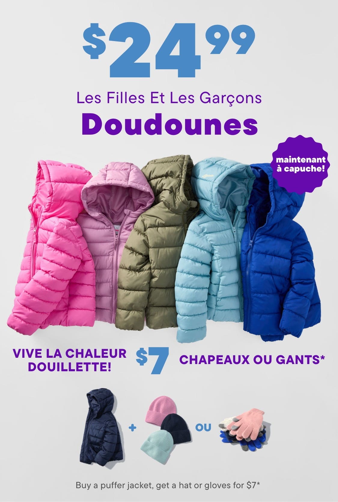Un étalage de vestes d'hiver colorées à capuche dans différentes nuances de rose, vert, bleu et violet, avec un panneau promotionnel en arrière-plan.