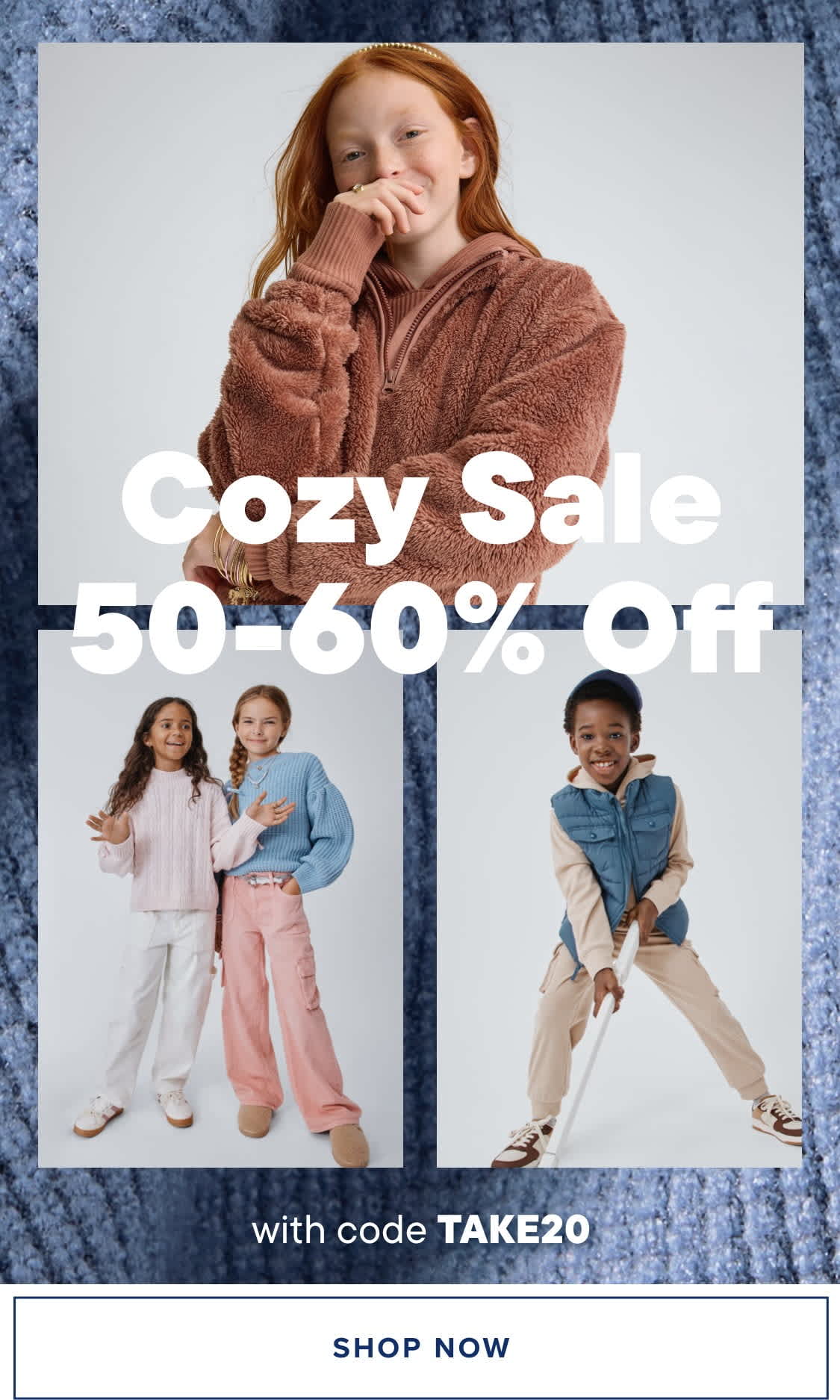 The image features several individuals wearing cozy, comfortable-looking clothing, including robes, pajamas, and hoodies, against a backdrop of a textured, patterned wall. The text overlay on the image advertises a "Cozy Sale" with a 50-60% discount.