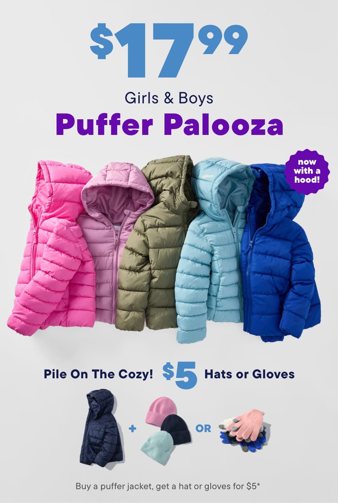 The image displays a row of colorful, hooded winter jackets in various shades of pink, green, blue, and purple, arranged against a plain white background.