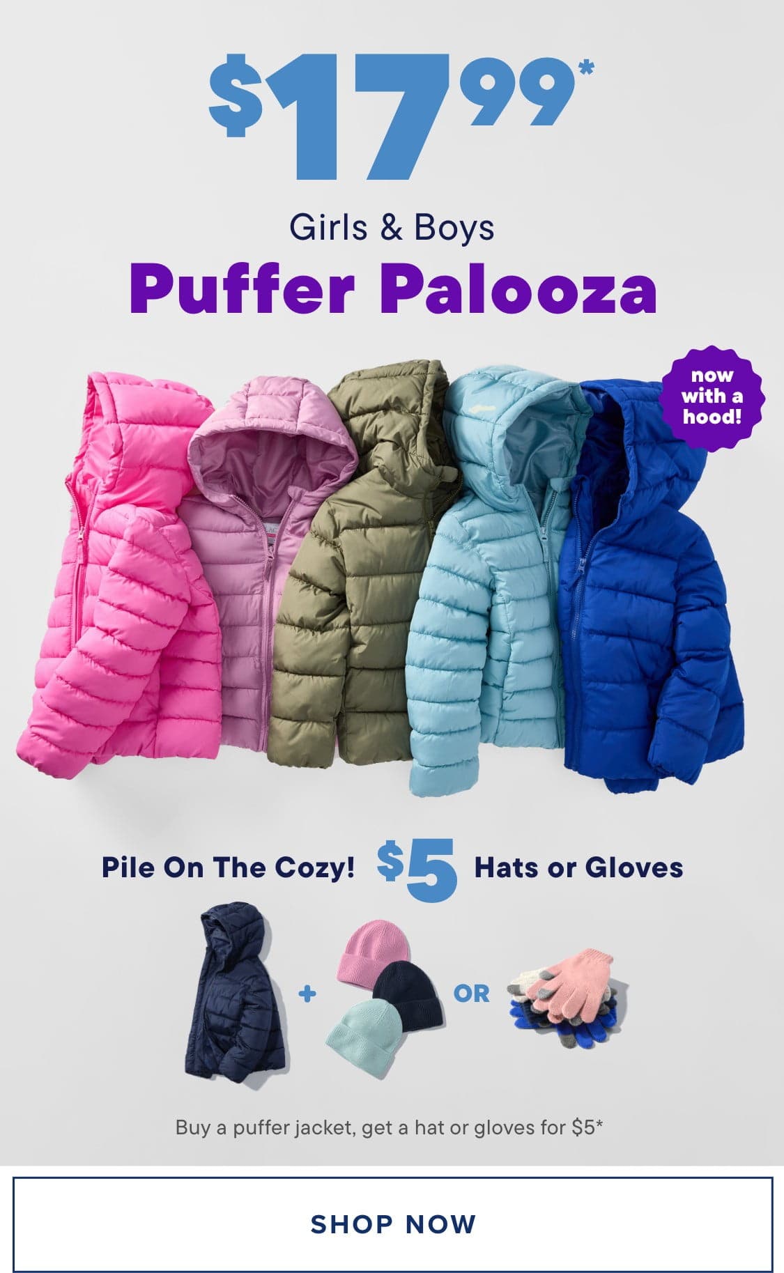 The image displays a row of colorful, hooded winter jackets in various shades of pink, green, blue, and purple, arranged against a plain white background.