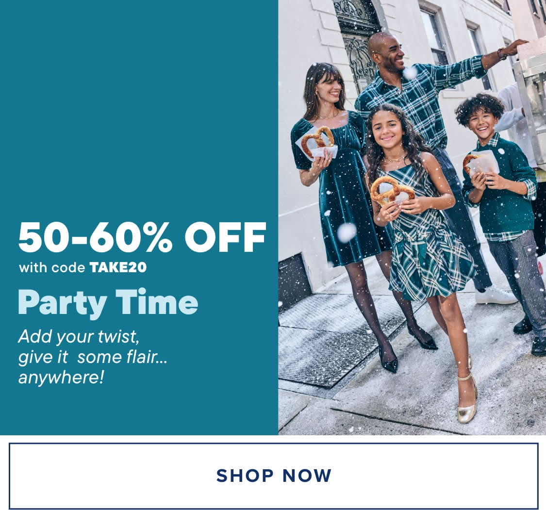 The image features a promotional advertisement for a "Party Time" sale, offering up to 60% off with the code "TAKE20". In the background, there are two people dressed in winter attire, suggesting a snowy or cold setting.