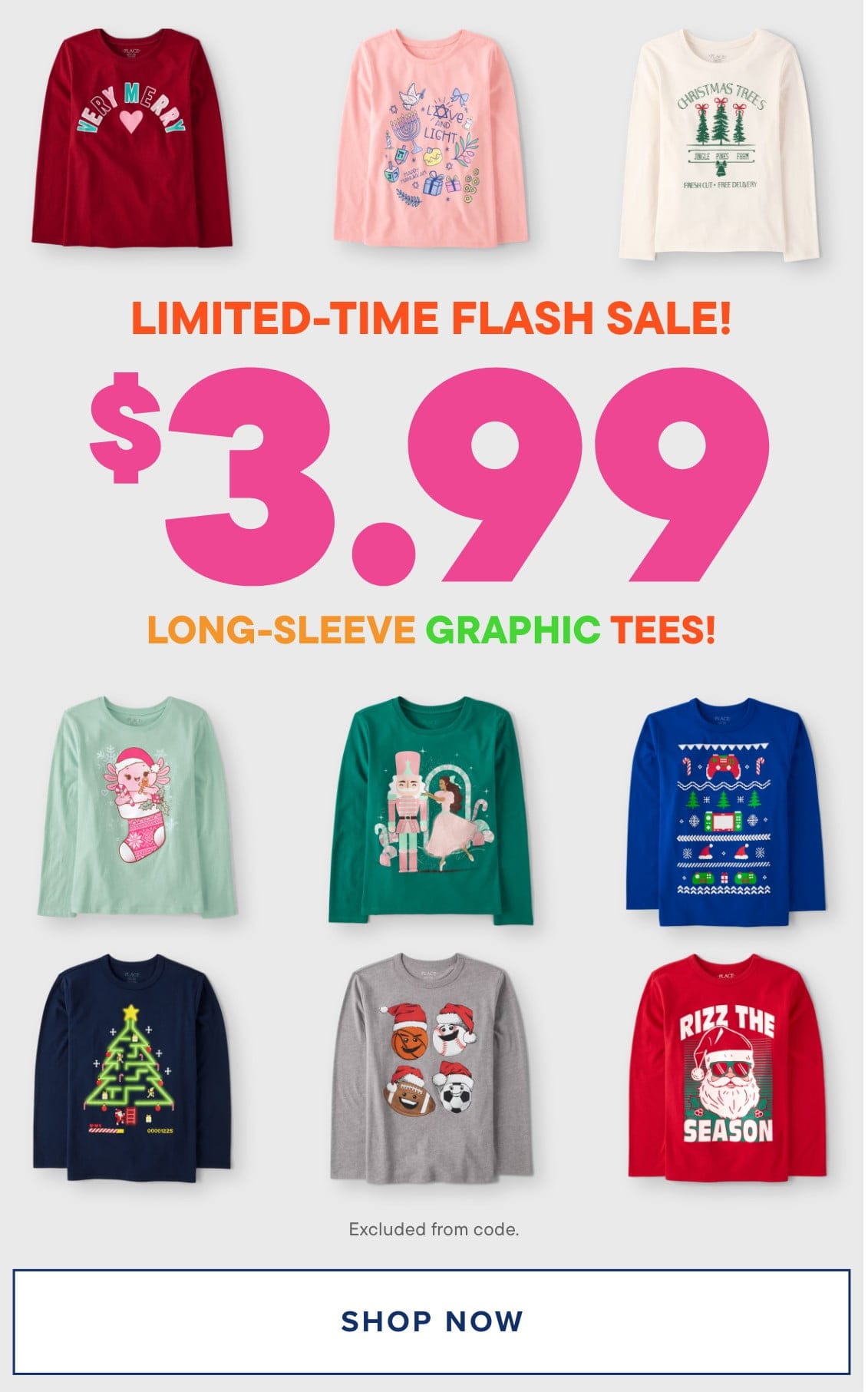 The image displays a collection of colorful and patterned holiday-themed t-shirts or sweaters, arranged in rows against a plain background.