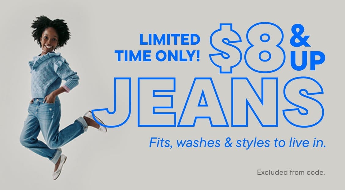 The image features a person wearing a denim outfit, including a denim shirt and jeans, jumping in the air against a background with the text "18 & up" and "Jeans" displayed.