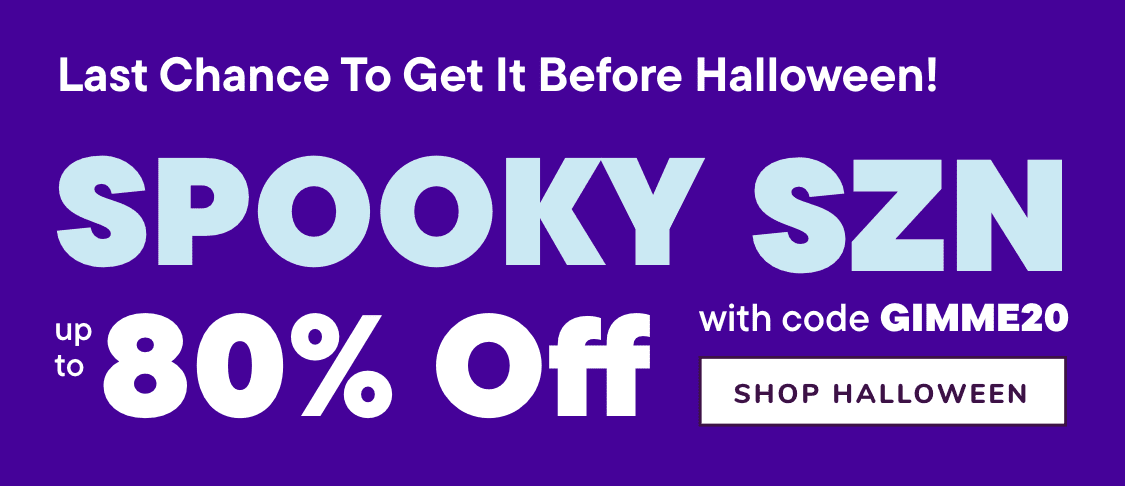 The image displays a purple background with white text promoting a "Spooky SZN" sale offering 80% off with a code "GIMME2" for Halloween-themed items.