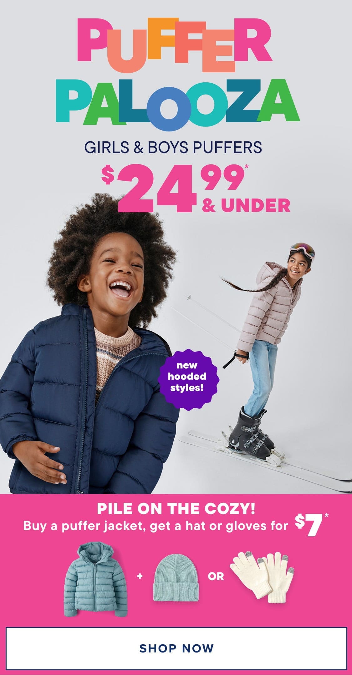 A display of colorful, hooded winter jackets in various shades of pink, green, blue, and purple, with a promotional sign in the background.