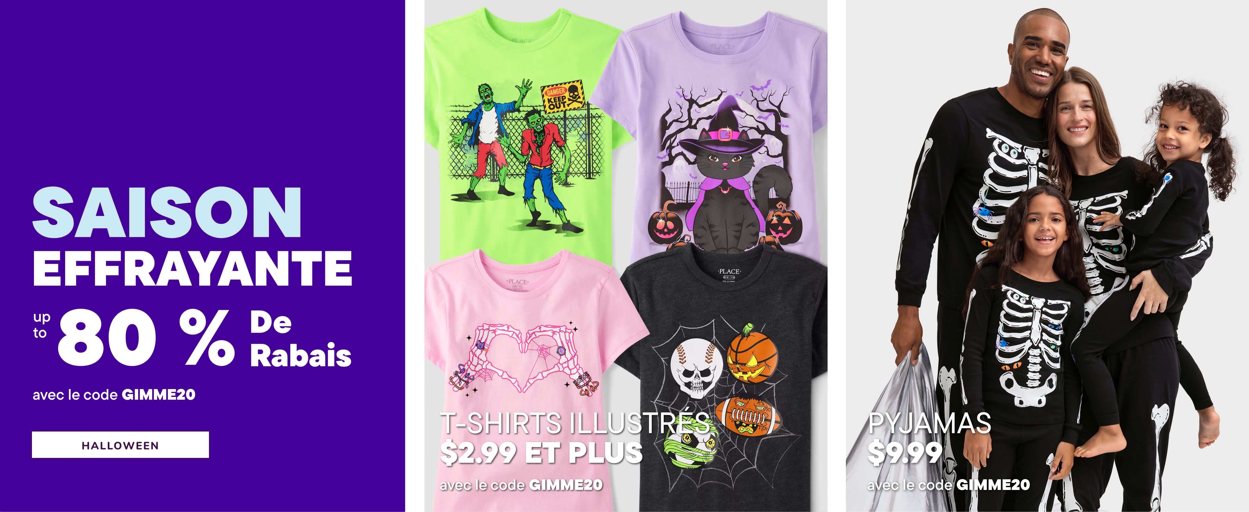 L'image présente une variété de t-shirts et de pyjamas graphiques sur le thème d'Halloween, avec une bannière promotionnelle offrant une remise de 30 % sur la collection « Spooky Fun ».