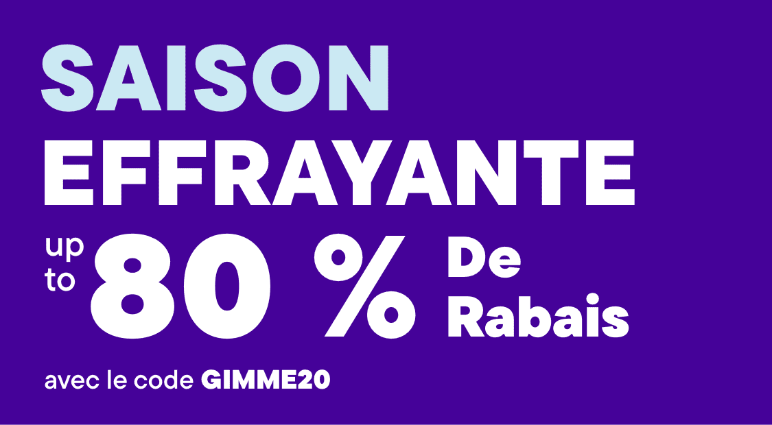 L'image affiche un fond violet avec du texte blanc faisant la promotion d'une vente « Spooky SZN » offrant 80 % de réduction avec un code « GIMME2 » pour les articles sur le thème d'Halloween.