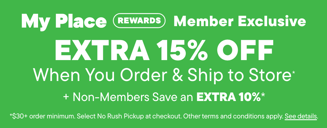 The image displays a green background with text promoting a "Place Rewards Member Exclusive" offer, where non-members can save an extra 10% when they order.