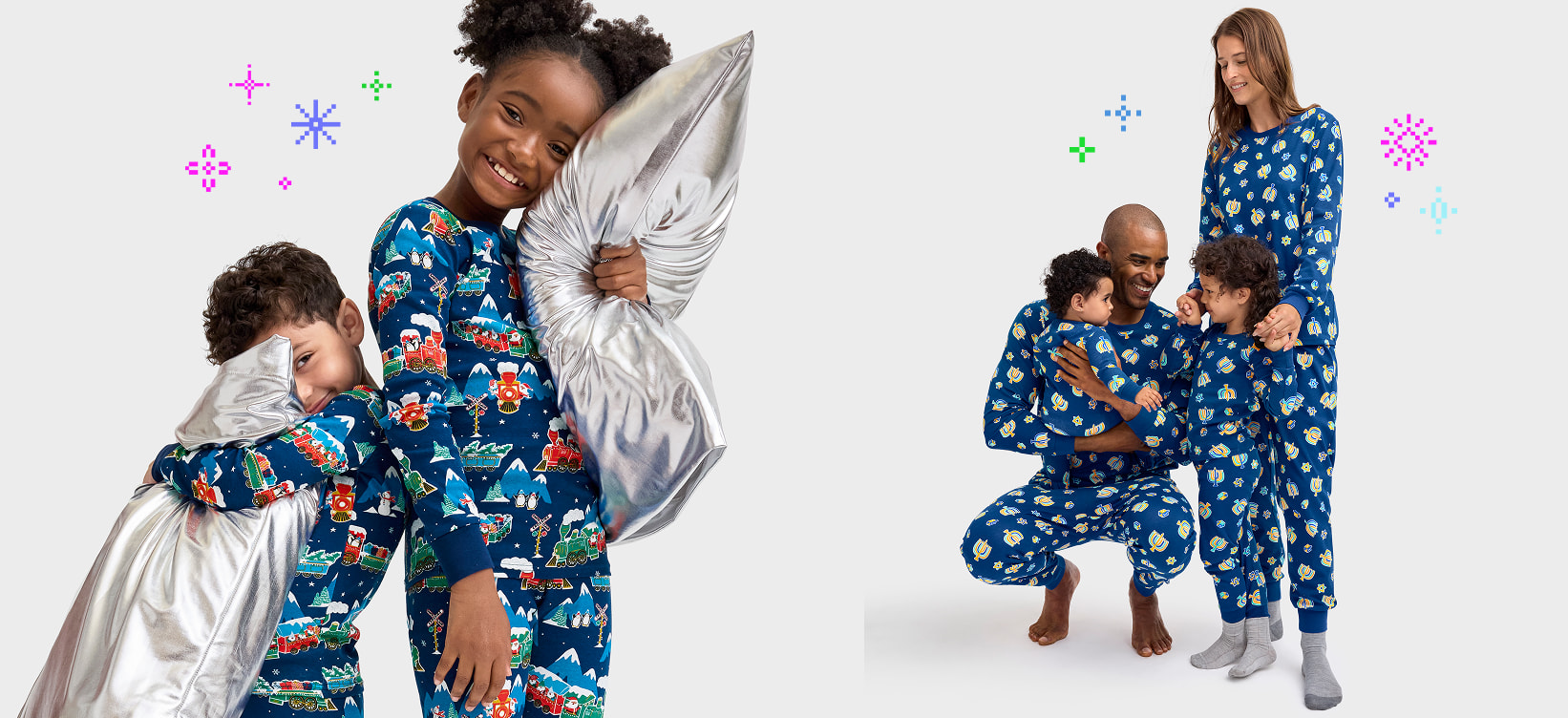 The image features two people wearing colorful, patterned pajamas or loungewear, with one person holding a large, fluffy white blanket or comforter. The background appears to be a plain white or light-colored surface, allowing the vibrant colors and patterns of the clothing to stand out.
