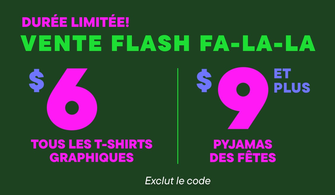 L'image montre une publicité promotionnelle pour une « vente flash Fa-la-la » proposant des prix réduits sur des t-shirts graphiques et des pyjamas de vacances, sur un fond vert avec divers articles vestimentaires visibles au premier plan.