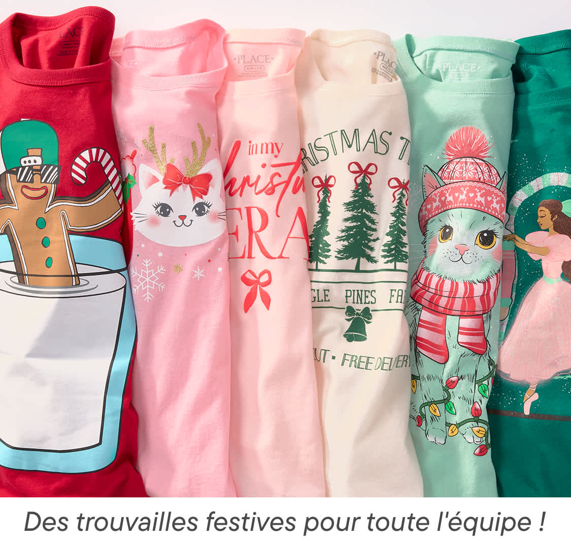 Des trouvailles festives pour toute la famille ! Cette image présente une variété de vêtements colorés et fantaisistes sur le thème des fêtes, dont des pulls, des pyjamas et des chaussettes, tous ornés de motifs joyeux.
