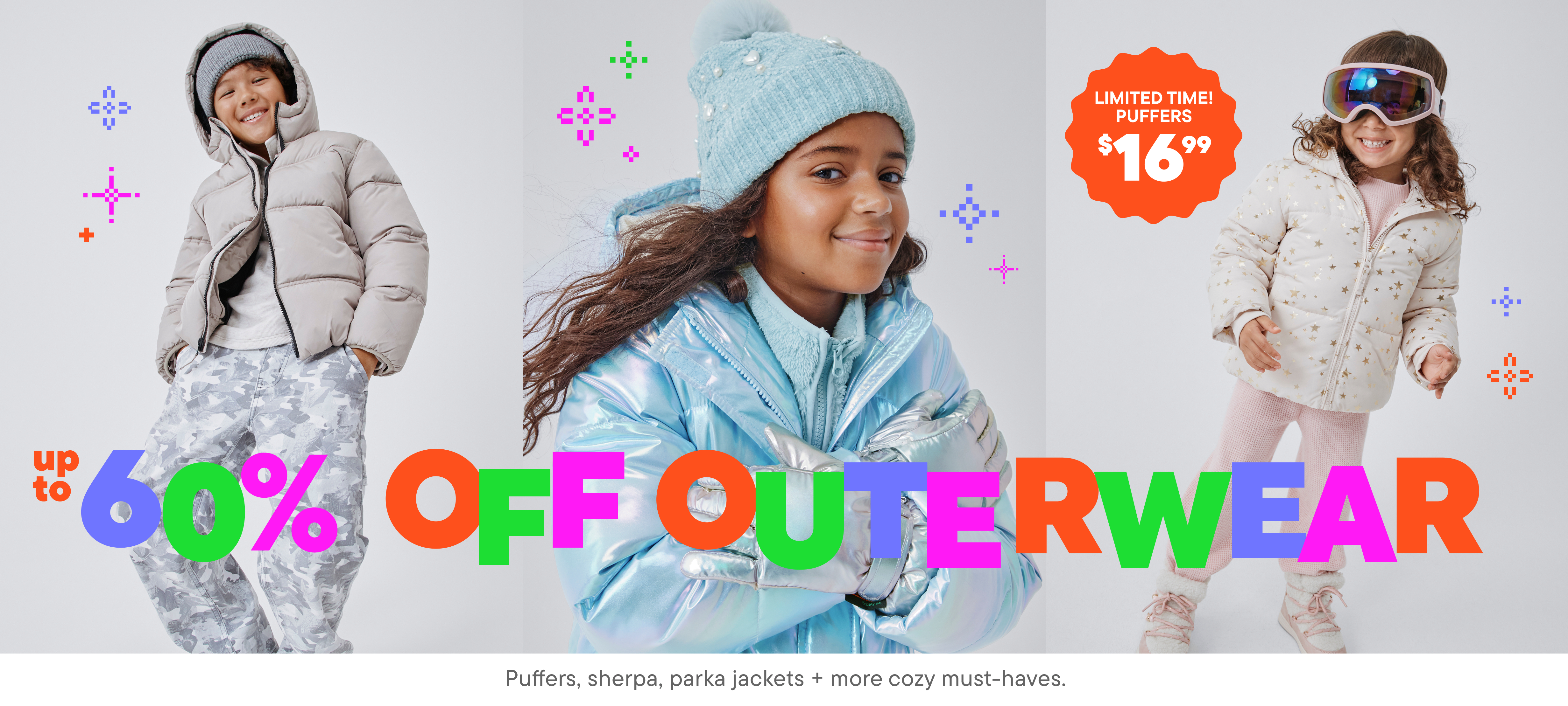 The image displays a variety of winter outerwear, including coats, jackets, and hats, with a young person wearing a blue winter coat and hat in the center. The background features colorful text and graphics advertising a sale on outerwear.