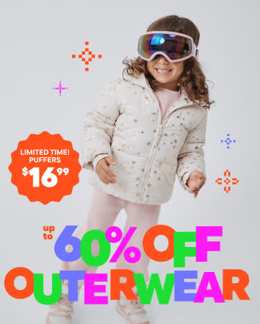A young girl wearing a white polka-dot jacket and ski goggles stands in front of a colorful background promoting a sale on outerwear, with a price tag of $16.99 and a discount of up to 60% off.