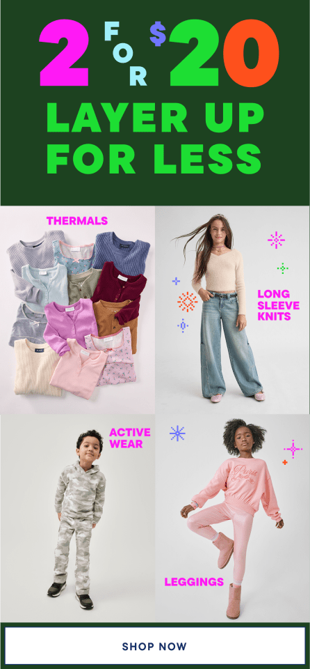 The image displays various clothing items arranged in a grid, including thermal wear, active wear, long sleeve shirts, and leggings, all presented under the text "2020 LAYER UP FOR LESS" against a dark green background.