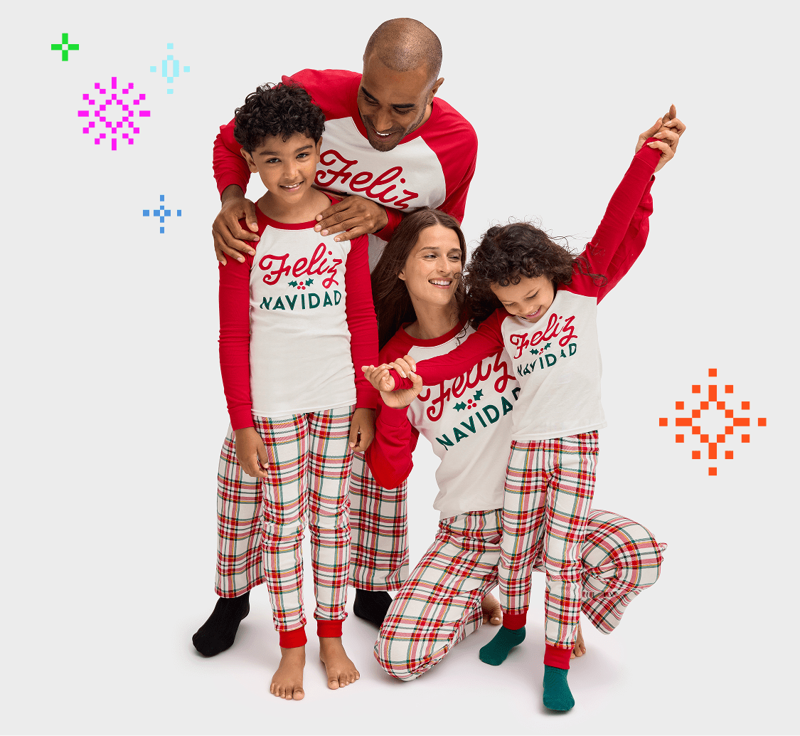 A family of four wearing matching red and white holiday pajamas, posing together in front of a plain white background with colorful holiday-themed graphics.
