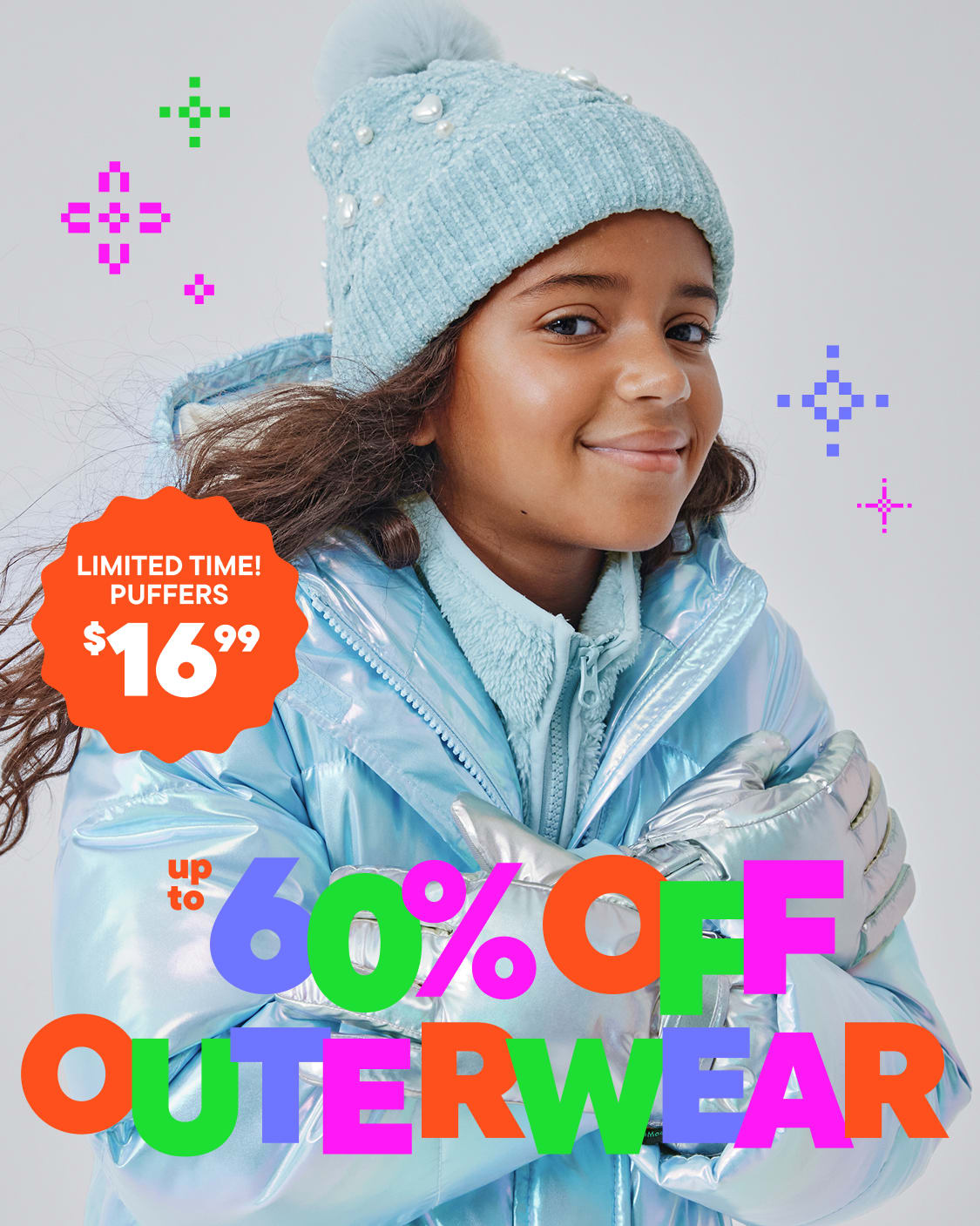 A smiling young woman wearing a blue winter jacket and a matching knit hat, with a promotional offer for up to 60% off outerwear displayed prominently in the image.