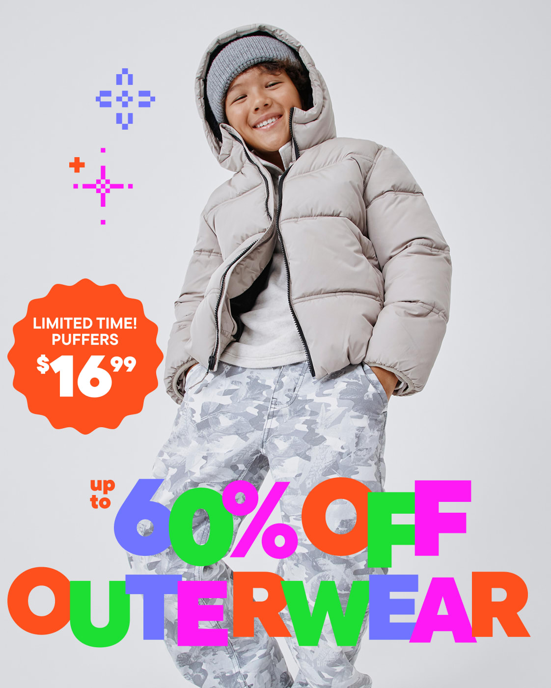 A smiling young person wearing a gray hooded puffer jacket stands in front of a white background with colorful text advertising a limited-time sale on outerwear.