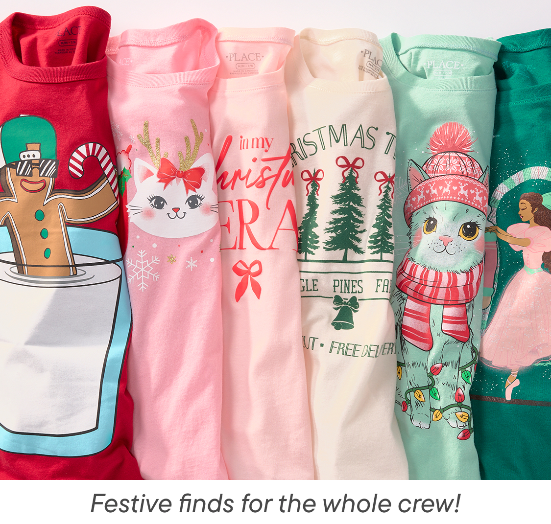 A collection of colorful and festive holiday-themed pajamas and sleepwear, including designs featuring gingerbread men, cats, trees, and other Christmas motifs, arranged on a light background.