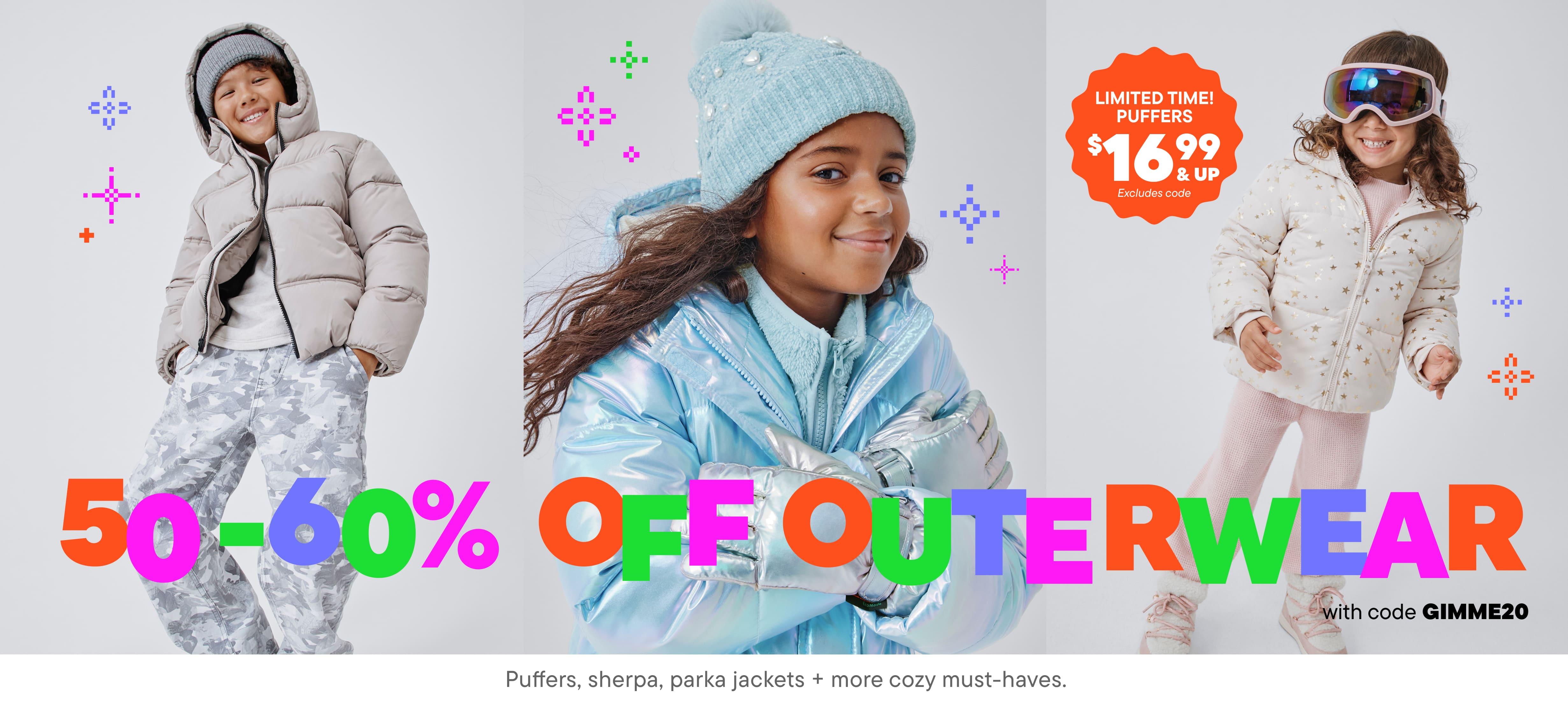 The image displays a variety of winter outerwear, including coats, jackets, and hats, with a young person wearing a blue winter coat and hat in the center. The background features colorful text and graphics advertising a sale on outerwear.