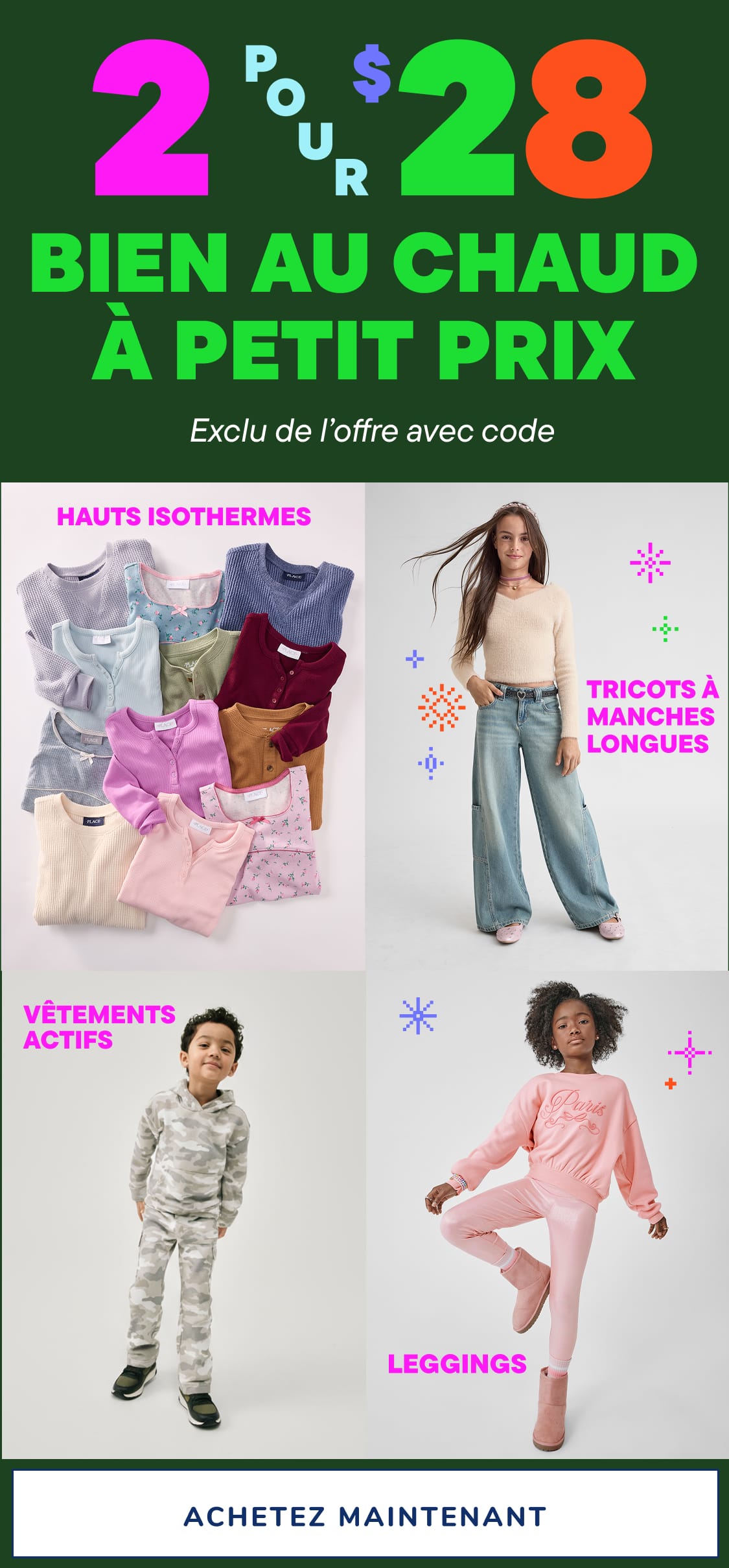 The image displays various clothing items arranged in a grid, including thermal wear, active wear, long sleeve shirts, and leggings, all presented under the text "2020 LAYER UP FOR LESS" against a dark green background.