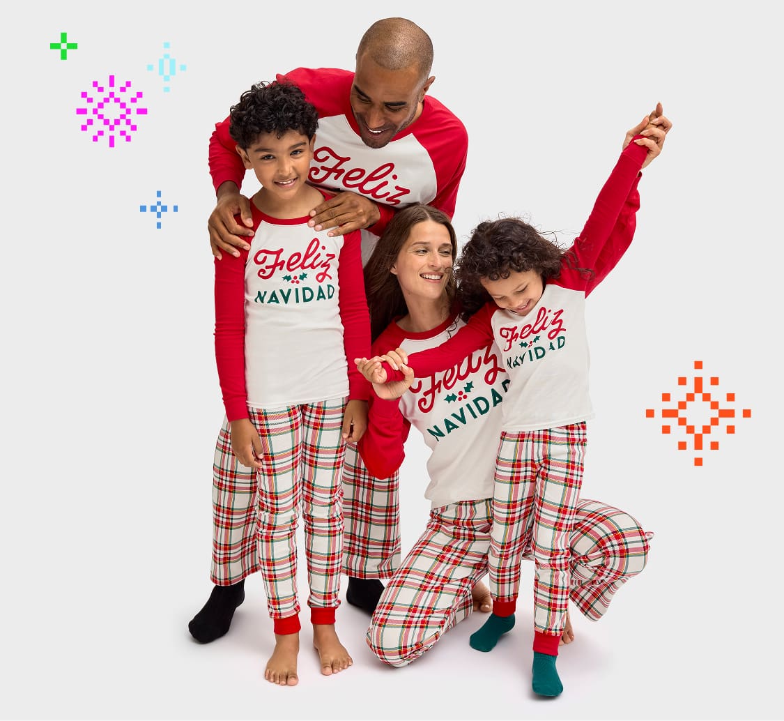 A family of four wearing matching red and white holiday pajamas, posing together in front of a plain white background with colorful holiday-themed graphics.
