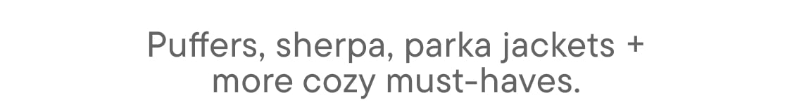 The image displays the text "sherpa, parka, the cozy must-have" in a simple, minimalist style.