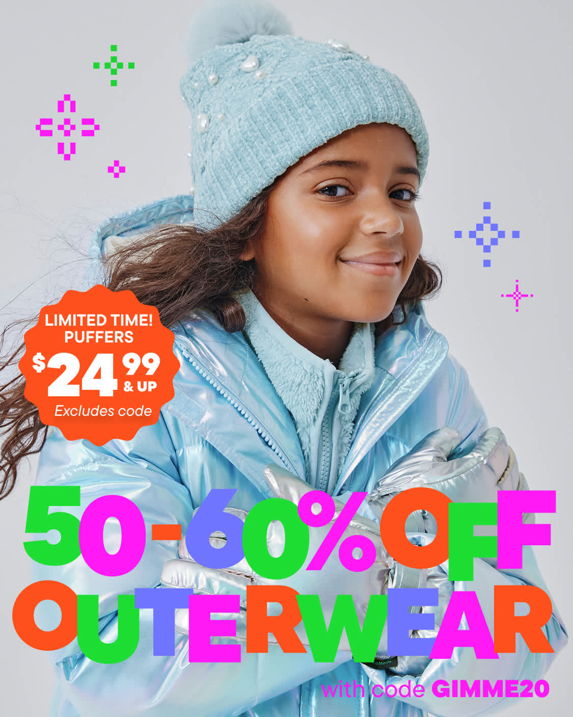 A smiling young woman wearing a blue winter jacket and a matching knit hat, with a promotional offer for up to 60% off outerwear displayed prominently in the image.