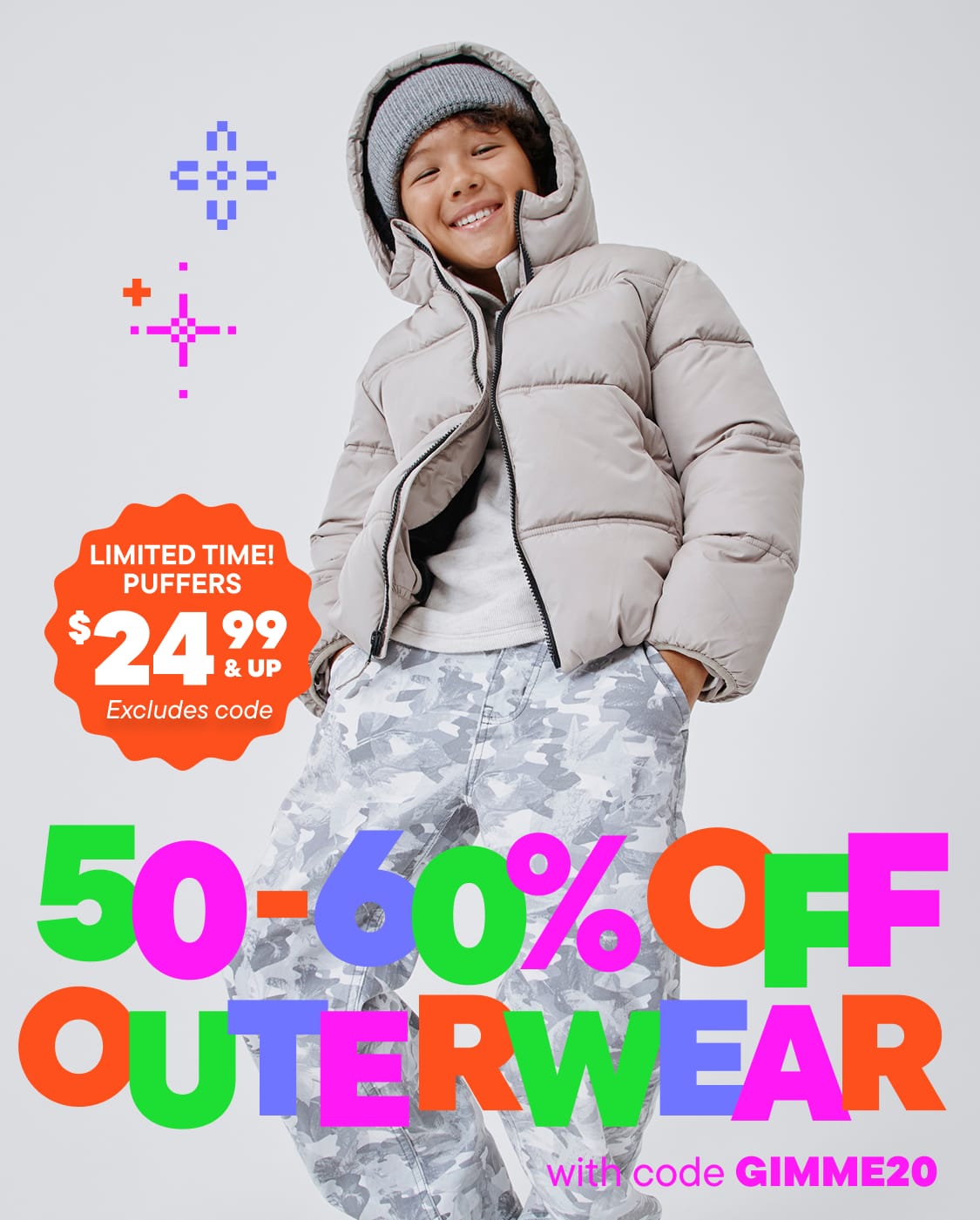 A smiling young person wearing a gray hooded puffer jacket stands in front of a white background with colorful text advertising a limited-time sale on outerwear.
