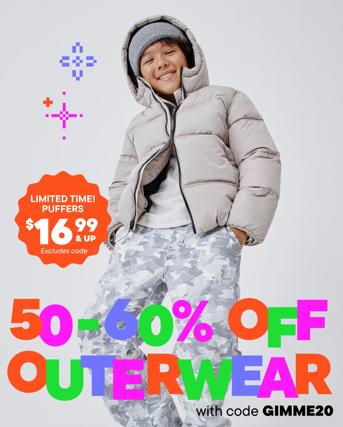 A person wearing a gray puffy jacket and camouflage pants stands in front of a white background, with a "Limited Time! Buffers $16.99" price tag and a "50-60% OFF OUTERWEAR with code GIMME20" promotional text displayed.