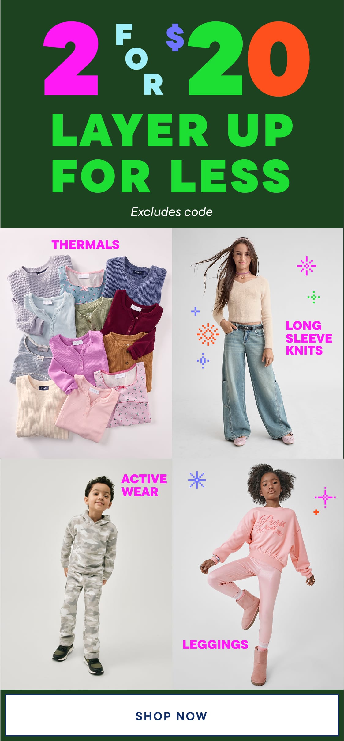 The image displays various clothing items arranged in a grid, including thermal wear, active wear, long sleeve shirts, and leggings, all presented under the text "2020 LAYER UP FOR LESS" against a dark green background.