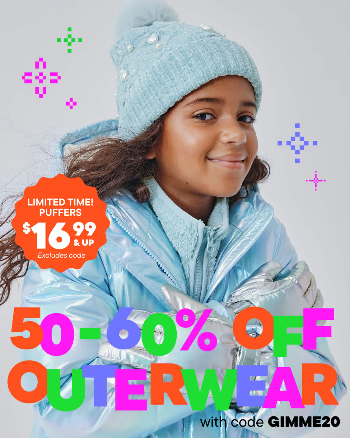 A young woman with a warm smile, wearing a blue winter jacket and a matching knit hat, stands against a plain background with colorful text and graphics promoting a limited-time sale on outerwear.